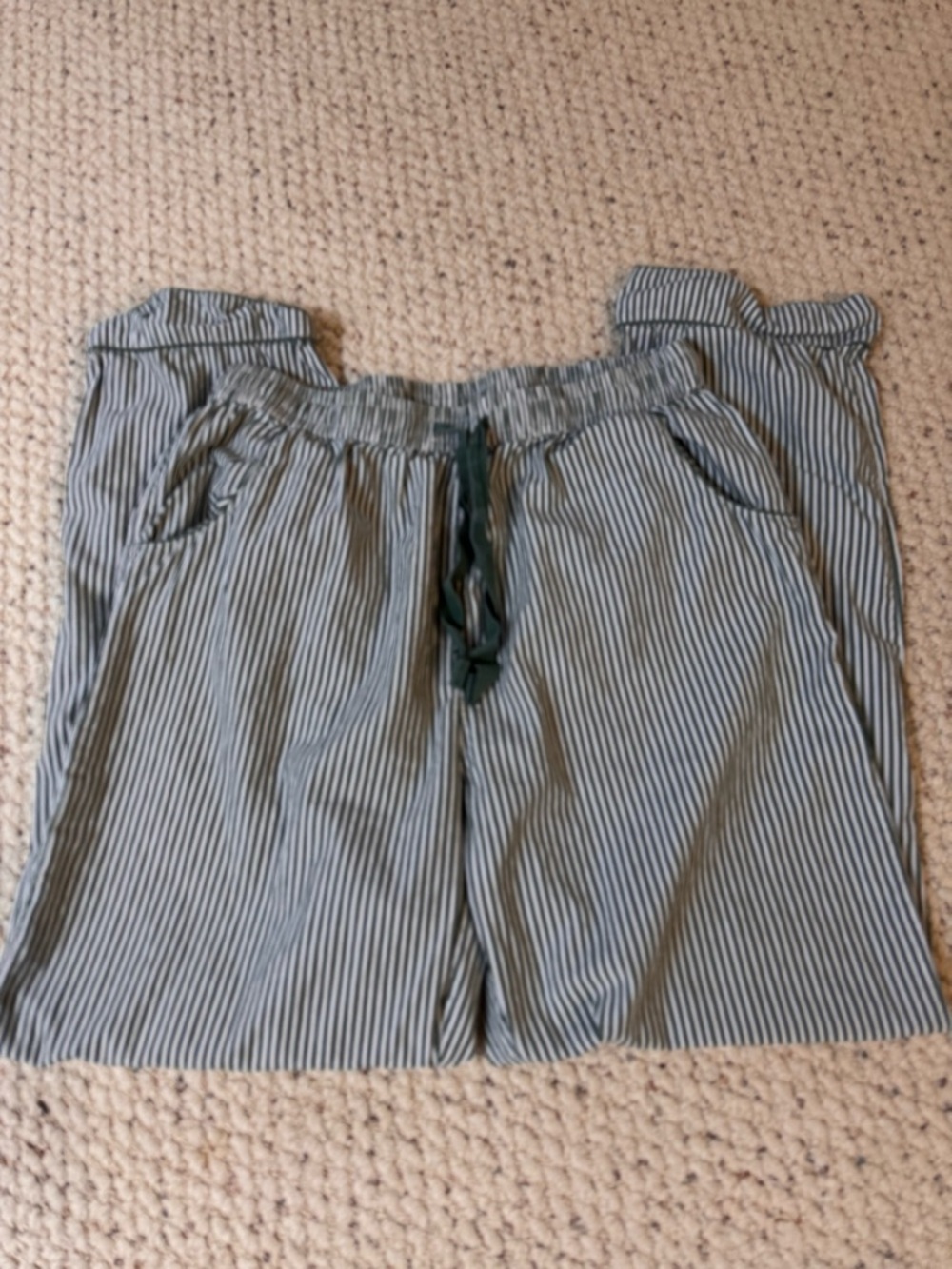 LAKE 100% Cotton Striped Drawstring Lounge Pants in Light Green and White